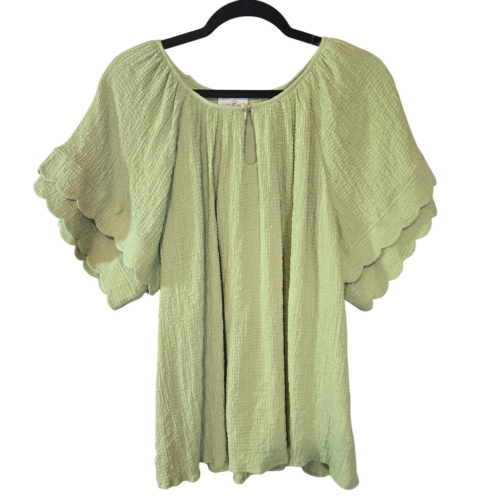 Umgee Sage Green‎ Textured Scalloped Butterfly Sleeve Keyhole Blouse Top NEW S